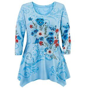 New XXL Sparkling Sequin Americana Butterfly and Floral SharkBite Knit Tunic